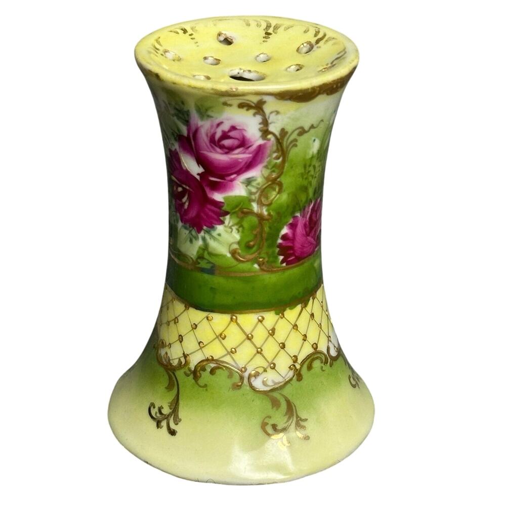 Antique hand painted gilt porcelain hat pin holder 4” Victorian pink roses